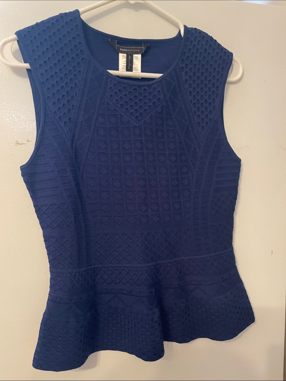 BCBGMaxAzria Small Silk Cotton Blend Navy Textured Peplum Knit Tank